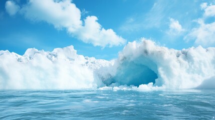 Glacial Ice Cave Entrance, Arctic Ocean, Sunny Day, Melting Ice Background, Travel Poster