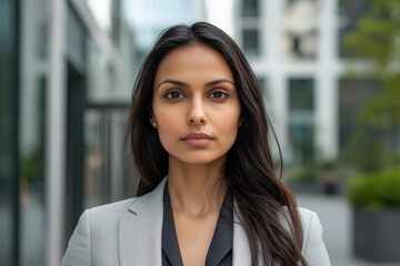Fototapeta premium Confident young woman in a professional setting, wearing a grey blazer standing outdoors