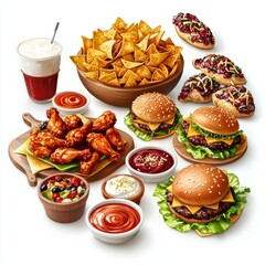 Super Bowl party table filled with classic snacks: chicken wings, nachos with cheese, burgers, and dipping sauces, isolated on a clean white background