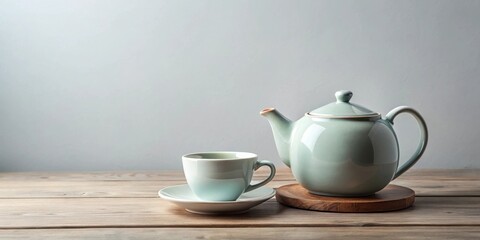 Fototapeta premium A delicate teacup and teapot set on a rustic wooden surface, inviting a moment of peaceful relaxation.