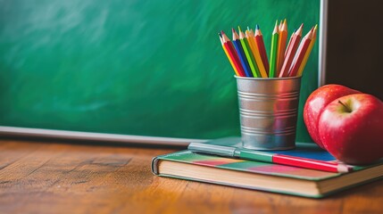 Chalkboard background with colorful pencils in a jar, stacked books and a red apple on a wooden desk, perfect for educational themes and classroom settings.