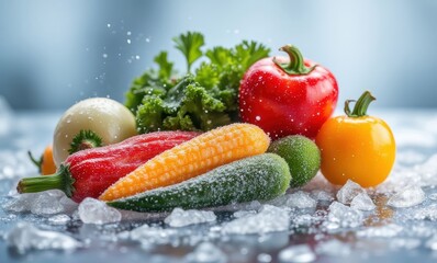 Fresh vegetables on ice with water droplets