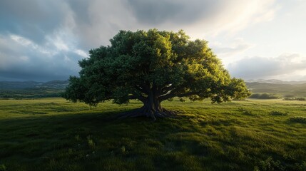 Fototapeta premium A majestic oak tree standing alone in an open fieldphotorealistic portrait,