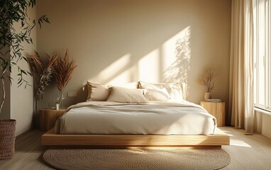Scandinavian bedroom with a plush bed, warm neutral tones, and minimalist decor, exuding a calm and relaxing ambiance