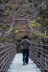 가을 숲속의 철제 다리를 건너는 남성