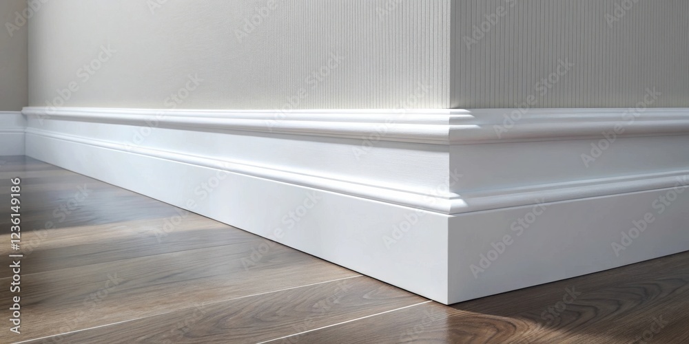 Aufkleber close-up view of a white baseboard molding against a light-colored wall, creating a subtle contrast 
