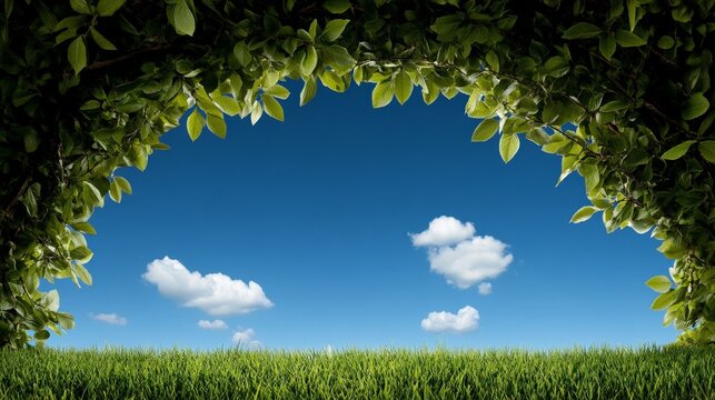 Green Archway to the Sky: A verdant archway formed by lush leaves frames a vibrant blue sky dotted with fluffy white clouds, beckoning the viewer into a tranquil and picturesque scene. 