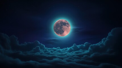 Fototapeta premium The full moon glows through a veil of thin, wispy clouds in a dark sky. The bright white light of the moon contrasts beautifully with the deep blue-black of the night sky. 