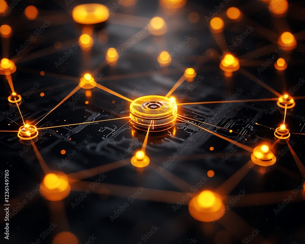 Poster Glowing network nodes connected to central hub on circuit board.