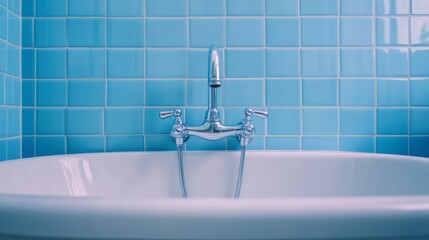 A Serene Bathroom With Light Blue Tiles And A Gleaming Chrome Faucet Above A White Bathtub. The Overall Vibe Is Clean, Minimalist, And Peaceful.