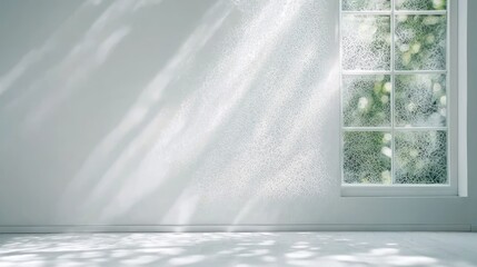 Sunlit room, window view, green foliage, minimalist interior, backdrop
