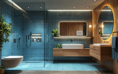 Scandinavian-Inspired Bathroom with a Cool Ice Blue Tiled Shower, Wooden Accents, and Soft LED Mood Lighting