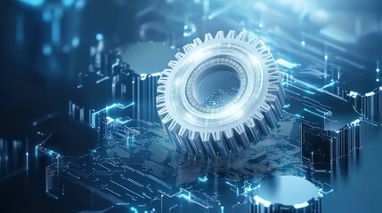 Obraz premium Futuristic gear on digital circuit board with glowing elements