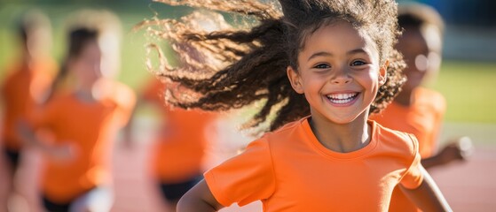 Child running joyfully on track with friends during sports day. Excitement, teamwork, and healthy activity in outdoor athletic event for youth development.
