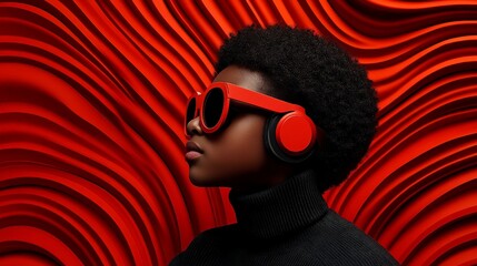 Red Waves of Sound: A young woman with an afro, adorned in red sunglasses and headphones, stands against a vibrant red wavy backdrop, creating a bold and stylish visual statement.