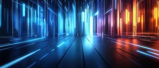 Futuristic abstract light beams illuminating a dark space