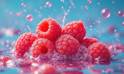 Fresh raspberries splashing in water