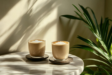 Two cups of latte with heart-shaped latte art placed on a marble table, surrounded by soft light and shadows, symbolizing a cozy and relaxing coffee moment.