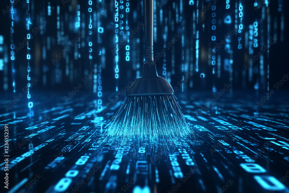 Poster A broom sweeping away digital data in the form of binary code, symbolizing cleaning or purging of data in a technology or cybersecurity context.