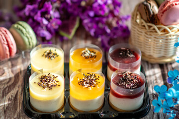 Tasty desserts in brown muffin liners. Dessert