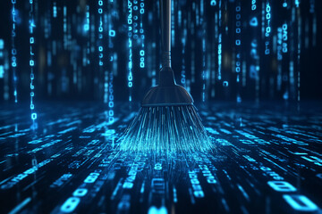 A broom sweeping away digital data in the form of binary code, symbolizing cleaning or purging of data in a technology or cybersecurity context.