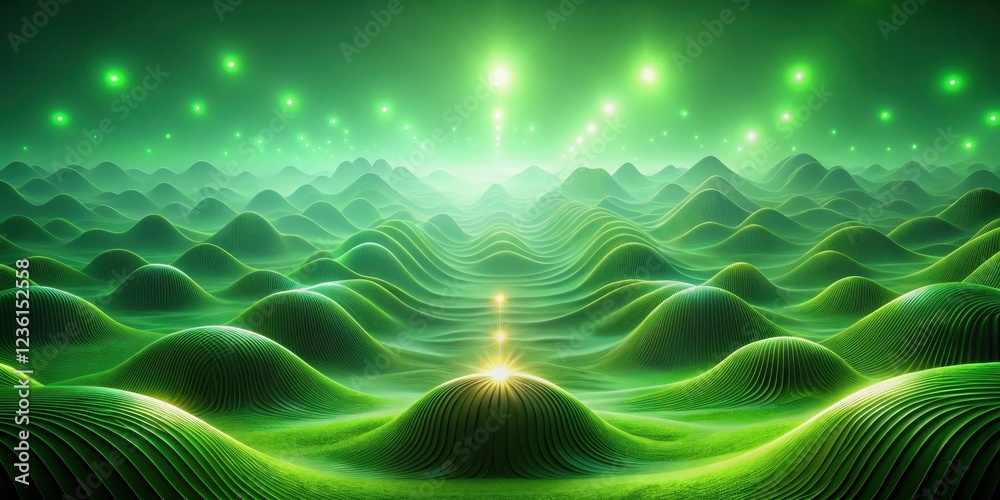 Poster a verdant landscape of rolling hills illuminated by a cluster of celestial lights, evoking a sense o