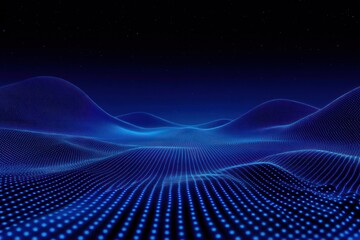 Futuristic digital landscape with glowing blue waves and stars