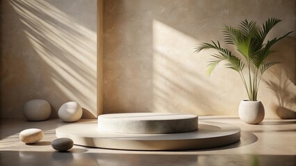 A minimalist beige and tan product display featuring a circular podium, a potted palm tree, and round rocks, illuminated by warm sunlight filtering through a window.