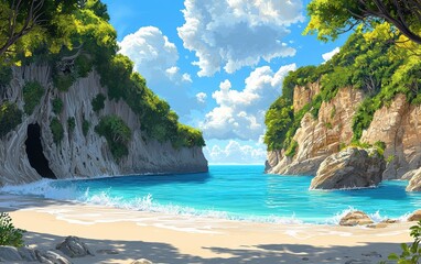 Fototapeta premium Secluded beach cove with hidden cliffs, bright blue waters, and gentle waves washing up on the shore, creating a peaceful and remote getaway