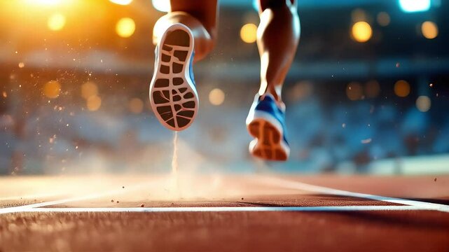 Slow-motion of a sprinter&rsquo;s feet launching off the starting blocks on a professional track, with dust particles flying into the air and dramatic stadium lighting