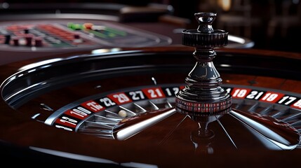 Obraz premium Roulette wheel spinning rapidly on a luxurious casino gambling table with colorful casino chips playing cards and the green felt surface Concept of entertainment risk and the chance of winning big