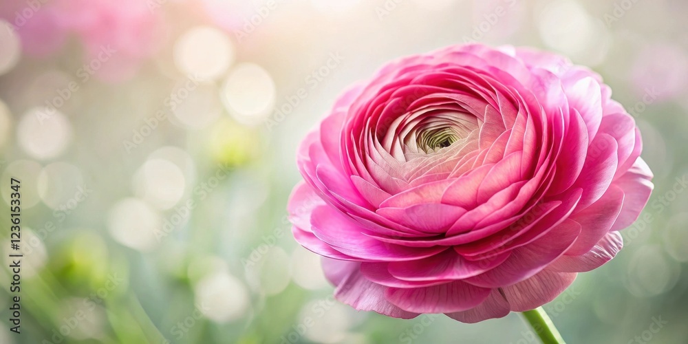 Poster a delicate pink flower with intricate layers of petals, blooming in a soft-focus field of light and 