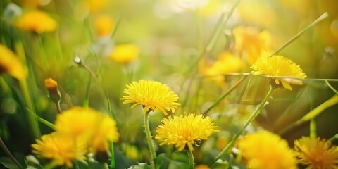 sunlight blur little yellow wildflowers in nature on a meadow on sunny spring or summer grass field peaceful