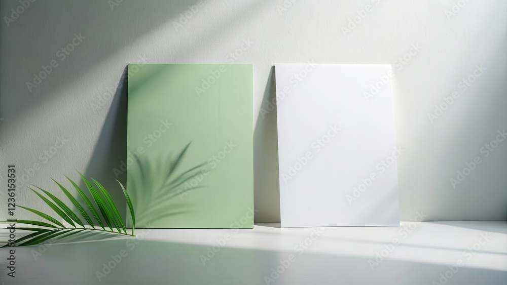 Poster minimalist mockup of a blank green and white card with a leaf shadow on a white surface