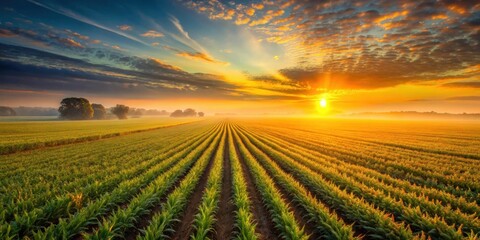 A golden sunrise casts a warm glow over a vast field of verdant crops, the rows stretching towards the horizon like pathways to a new day.