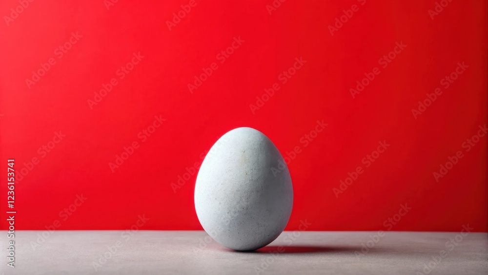 Poster a single white egg against a bright red background, a minimal still life with geometric simplicity.