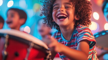 Children, joyfully playing drums in vibrant setting, celebrating music education and creativity, fostering teamwork and artistry in engaging learning environment.