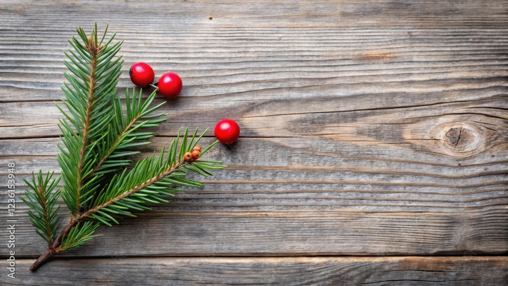 Aufkleber a rustic wood background with a sprig of evergreen and red berries, creating a festive and natural a