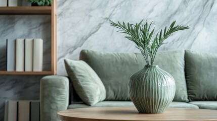 A Serene Living Room With A Sage Green Sofa, A Wooden Coffee Table Holding A Vase Of Greenery, And A Blurred Bookshelf In The Background. The Calm Atmosphere Evokes A Sense Of Peace And Tranquility.