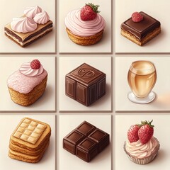 dessert background, types of desserts divided into squares, chocolate, milkshake
