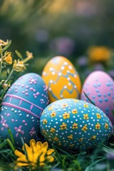 Colorful easter eggs in spring garden setting for holiday decoration and celebration