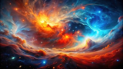 Obraz premium Cosmic Dance of Fire and Ice A celestial ballet of swirling nebulae, with fiery orange and cool blue hues illuminating the vast expanse of space.