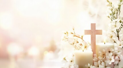 Elegant first communion template with wooden cross, candles, and blossoming flowers for invitations or greetings. Template with cross and flowers. Copy space. For wedding, baptism