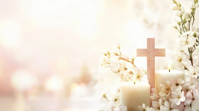 Elegant first communion template with wooden cross, candles, and blossoming flowers for invitations or greetings. Template with cross and flowers. Copy space. For wedding, baptism