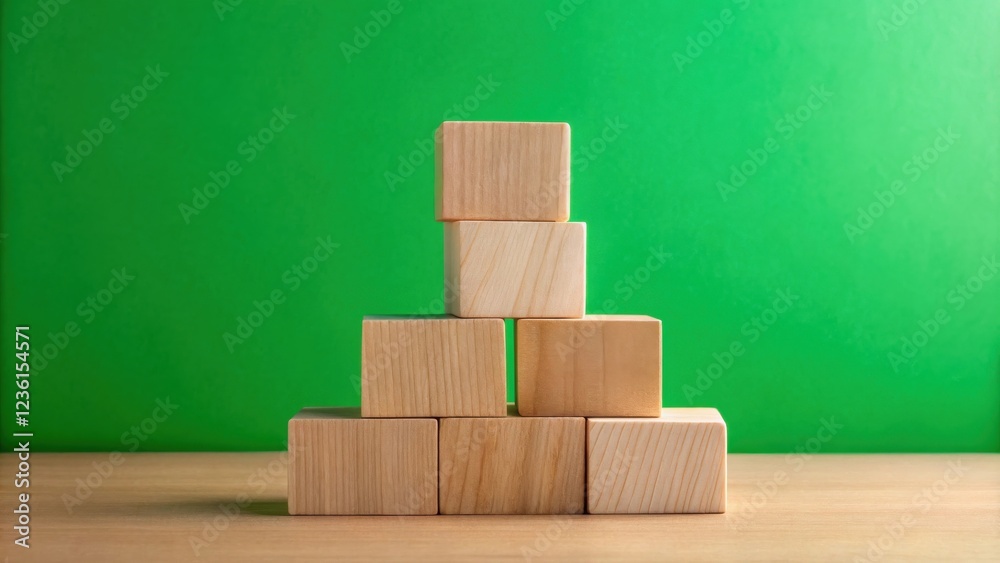 Poster simple wooden blocks stacked in a pyramid on a tabletop against a vibrant green background