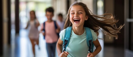 Children, school hallway and happy girl running with backpack alongside friends enjoying break time, laughter, joy and childhood memories in educational environment.