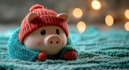 Obraz premium A light art creation of a piggy bank wearing a Santa hat, incorporating artistic lighting and abstract patterns to illustrate Christmas spending, budgeting, and financial planning