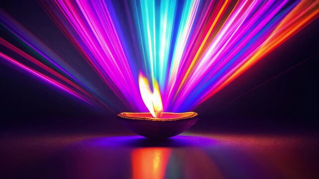 Decorative diya lamps with neon lights streaks during diwali festive celebration in india