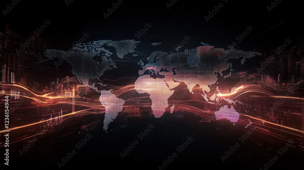 Poster abstract digital world map with glowing lines and data streams