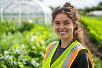 Young woman in a reflective vest smiling at the camera in a lush green farm environment with a greenhouse in the background
